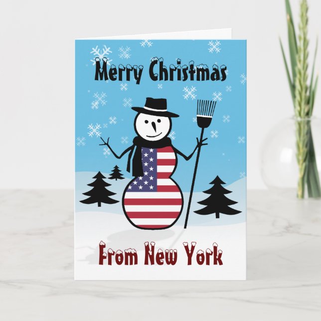 Merry Christmas From New York Snowman US Flag Holiday Card (Front)