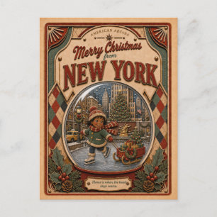 Merry Christmas from New York Vintage Snow Globe Holiday Postcard