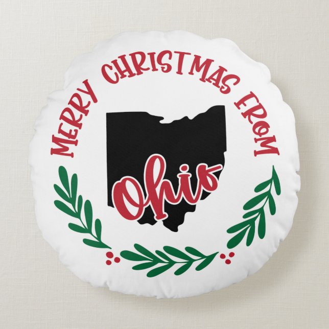 Merry Christmas From Ohio US Red Green White Round Cushion (Front)