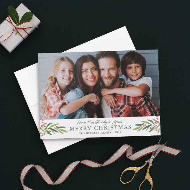Merry Christmas From Our Family Photo Greenery Holiday Card (Creator Uploaded)