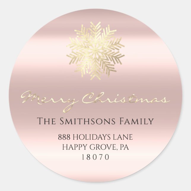 Merry Christmas From Rose Gold RSVP Snowflake Classic Round Sticker (Front)