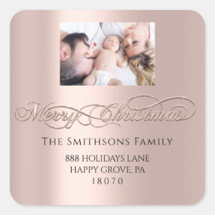 Merry Christmas From RSVP Pink Rose Photo Square Sticker