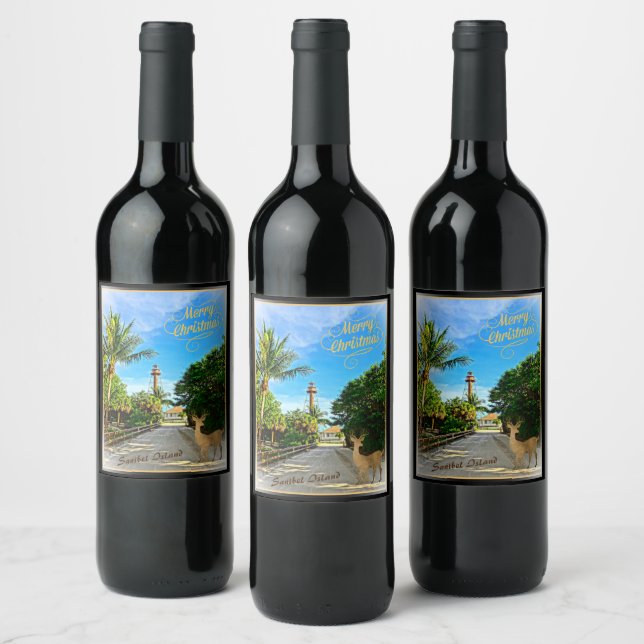 Merry Christmas from Sanibel Island FL Lighthouse  Wine Label (Bottles)