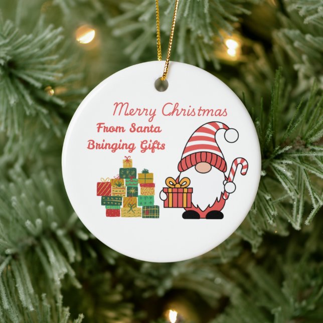 Merry Christmas From Santa Bringing Gifts on a  Ceramic Ornament (Tree)