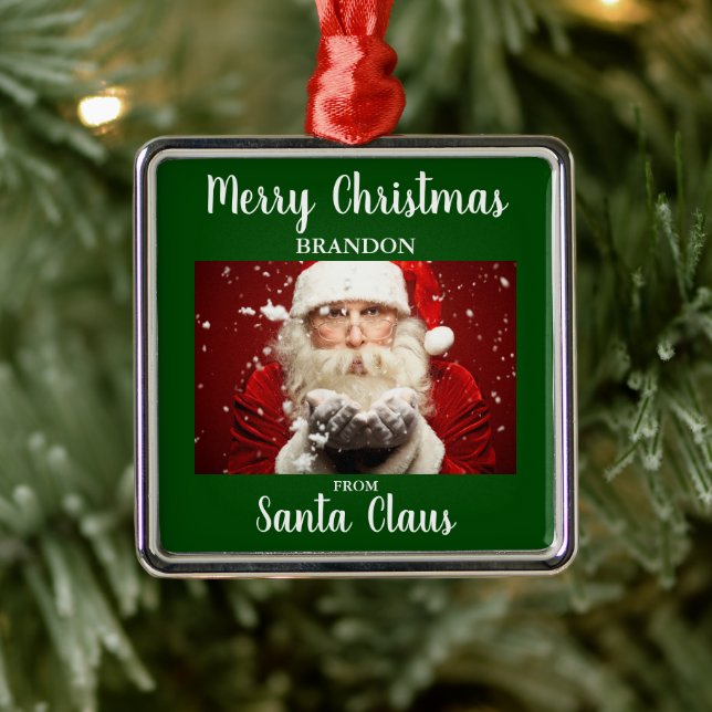 Merry Christmas From Santa Claus ADD NAME Green Metal Ornament (Tree)