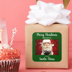 Merry Christmas From Santa Claus ADD NAME Green Square Sticker