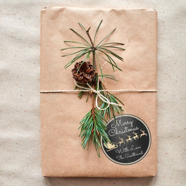 Merry Christmas From Santa Reindeer Sleight Black Classic Round Sticker (Merry Christmas From Santa Reindeer Sleight Black Classic Round Sticker)