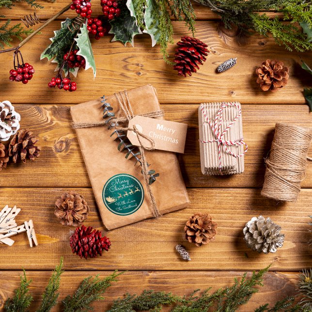 Merry Christmas From Santa Reindeer Sleight Green Classic Round Sticker (Merry Christmas From Santa Reindeer Sleight Green Classic Round Sticker)