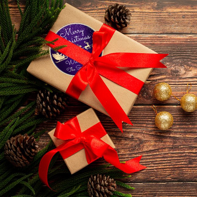 Merry Christmas From Santa Reindeer Sleight Navy Classic Round Sticker (Creator Uploaded)