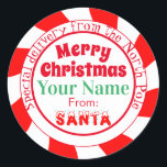 Merry Christmas from Santa Special Delivery Classic Round Sticker<br><div class="desc">These festive, Christmas themed sticker gift tags feature an outer frame with swirled a red and white peppermint candy design. The phrase "Special delivery from the North Pole" is printed in a circular pattern around the text area. The greeting "Merry Christmas" is printed at the top of the sticker in...</div>