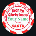 Merry Christmas from Santa Special Delivery Classic Round Sticker<br><div class="desc">These festive, Christmas themed sticker gift tags feature an outer frame with swirled a red and white peppermint candy design. The phrase "Special delivery from the North Pole" is printed in a circular pattern around the text area. The greeting "Merry Christmas" is printed at the top of the sticker in...</div>
