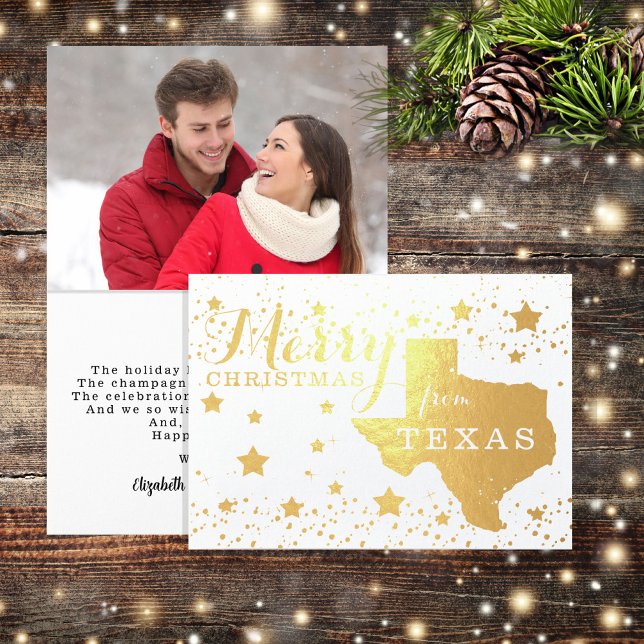 Merry Christmas from Texas State Outline Photo Foi Foil Card (Show pride in your state and share Christmas greetings in style with gold foil photo folded cards.)