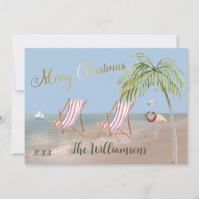 Merry Christmas From the Beach Palm Tree Flamingo Card (Front)