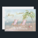 Merry Christmas From the Beach Palm Tree Flamingo Card<br><div class="desc">Merry Christmas on this lovely Watercolor Beach -- peaceful and gentle scene with two beach chairs -- friendly flamingo with lovely wreath -- Palm tree with a few ornaments. Also available in different paper weights -- your selection. Any design questions just send a chat or an email to charmdesignstudio@rcn.com and...</div>