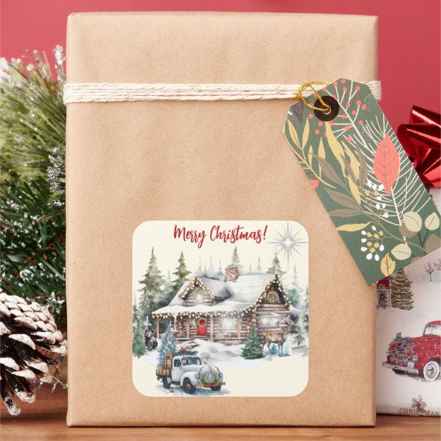 Merry Christmas from the Cabin Holiday Card Square Sticker (Holiday)
