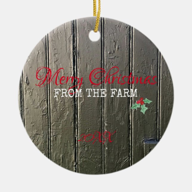 Merry Christmas from the Farm Photo Horse Barn Ceramic Ornament (Front)
