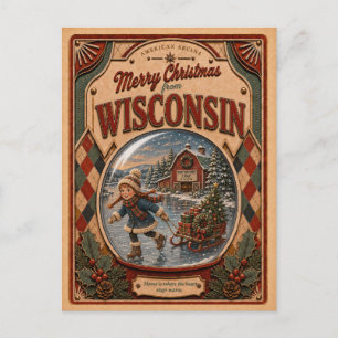Merry Christmas from Wisconsin Vintage Snow Globe Holiday Postcard