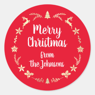 Merry Christmas FromRed Gold Reindeer Wreath Classic Round Sticker