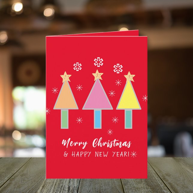 Merry Christmas Fun Art Family Name Cool Christmas Card (Bright & cheerful 3 little trees Merry Christmas and Happy New Year card.)