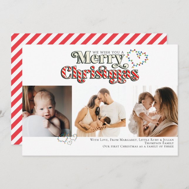 Merry Christmas Fun Candy Cane 3 Photo Red & White Holiday Card (Front/Back)