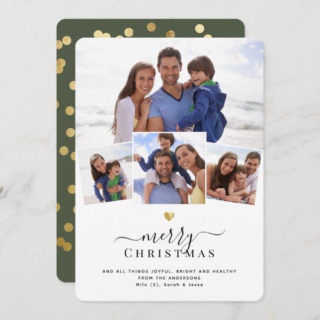 Merry Christmas Fun Chic Gold Heart Photo Collage Holiday Card (Front/Back)
