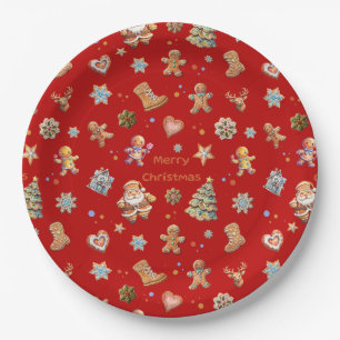 Merry Christmas Fun Cute Gingerbread Red Paper Plate