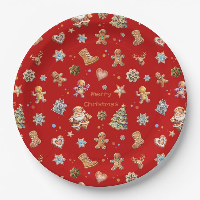 Merry Christmas Fun Cute Gingerbread Red Paper Plate (Front)