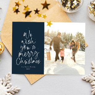 Merry Christmas fun navy blue family photo Holiday Card