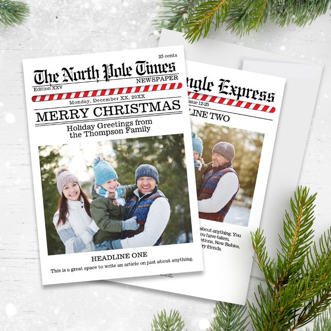 Merry Christmas Fun North Pole Two Photo News Holiday Card (Christmas whimsical cute photo card with a fun Newspaper Style.)
