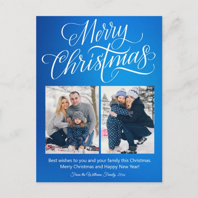 merry christmas fun script 2 photos blue holiday postcard (Front)