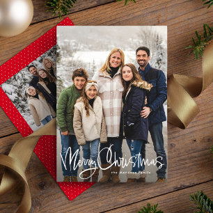 Merry Christmas fun script simple red two photo Holiday Card