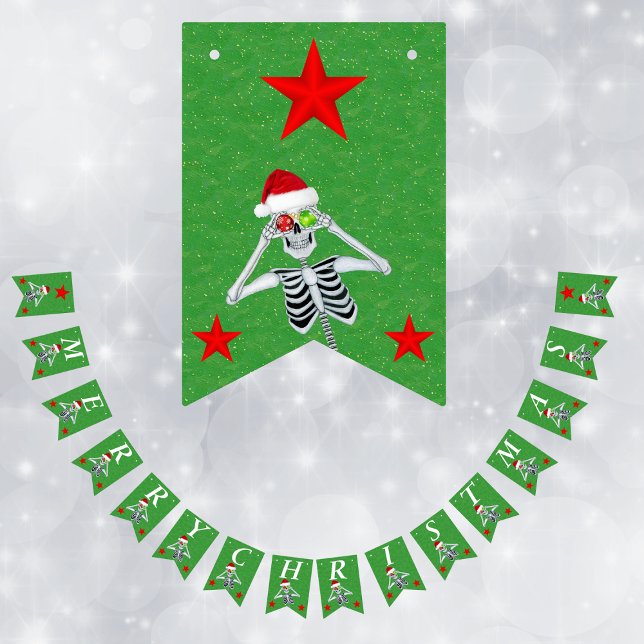 Merry Christmas Fun Skeleton Red Stars Green Bunting (Fun Skeleton ornament eyes Santa hat red stars on green Merry Christmas party banner bunting flags.)