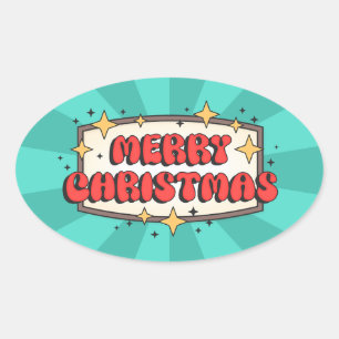 Merry christmas funky text, groovy retro cartoon  oval sticker