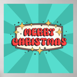 Merry christmas funky text, groovy retro cartoon  poster