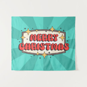 Merry christmas funky text, groovy retro cartoon tapestry