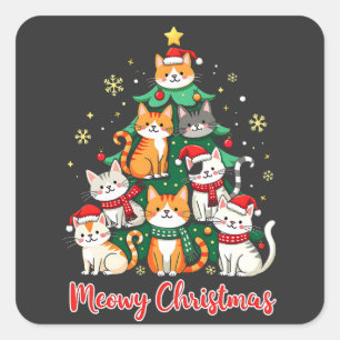 Merry Christmas Funny Catmas Kitten Xmas Tree Square Sticker