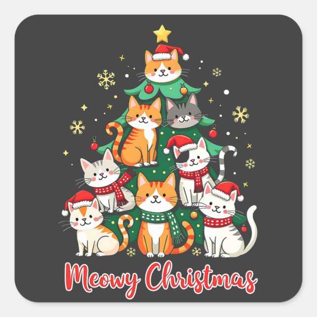 Merry Christmas Funny Catmas Kitten Xmas Tree  Square Sticker (Front)