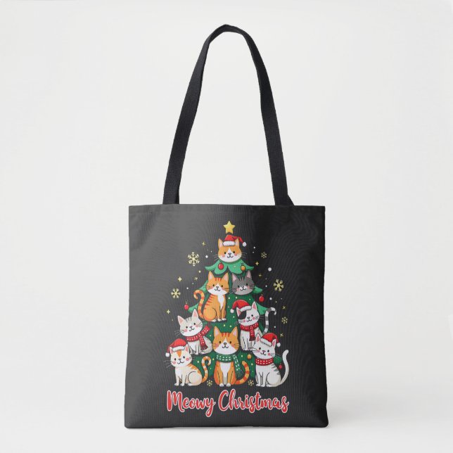 Merry Christmas Funny Catmas Kitten Xmas Tree  Tote Bag (Front)