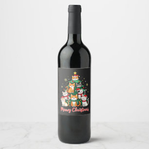 Merry Christmas Funny Catmas Kitten Xmas Tree  Wine Label