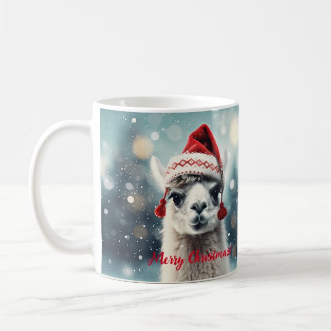 Merry Christmas Funny Cute Lllama Alpaca Santa Hat Coffee Mug (Left)
