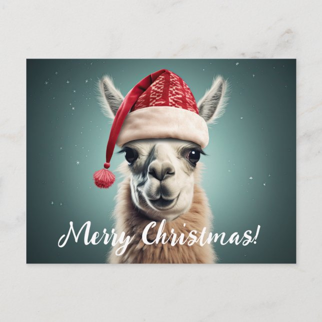 Merry Christmas Funny Cute Lllama Alpaca Santa Hat Holiday Postcard (Front)