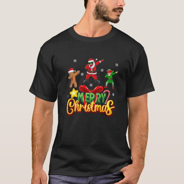 Merry Christmas Funny Dabbing Santa Elf Gingerbrea T-Shirt (Front)