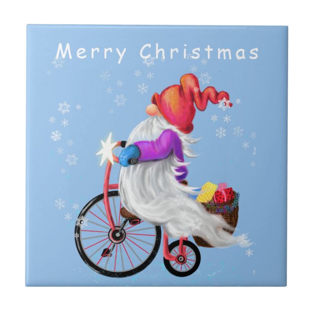 Merry Christmas - Funny Gnome with Bike and Gifts  Ceramic Tile (Front)