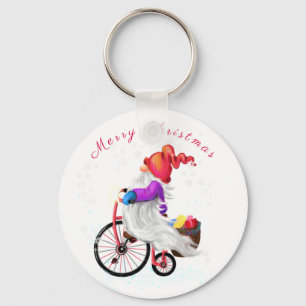 Merry Christmas - Funny Gnome with Bike and Gifts  Key Ring