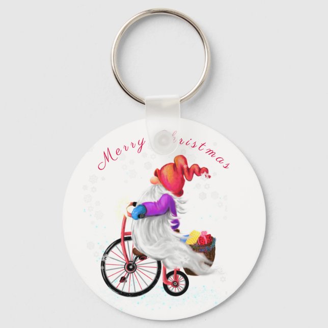 Merry Christmas - Funny Gnome with Bike and Gifts  Key Ring (Front)