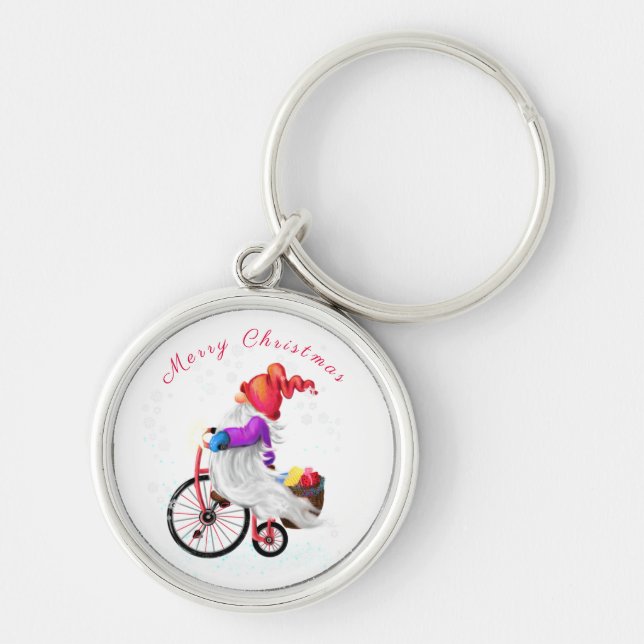 Merry Christmas - Funny Gnome with Bike and Gifts Key Ring (Front)