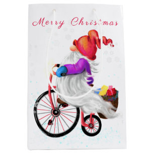 Merry Christmas - Funny Gnome with Bike and Gifts Medium Gift Bag