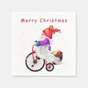 Merry Christmas - Funny Gnome with Bike and Gifts Napkin