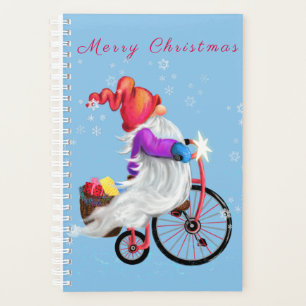 Merry Christmas - Funny Gnome with Bike and Gifts Planner