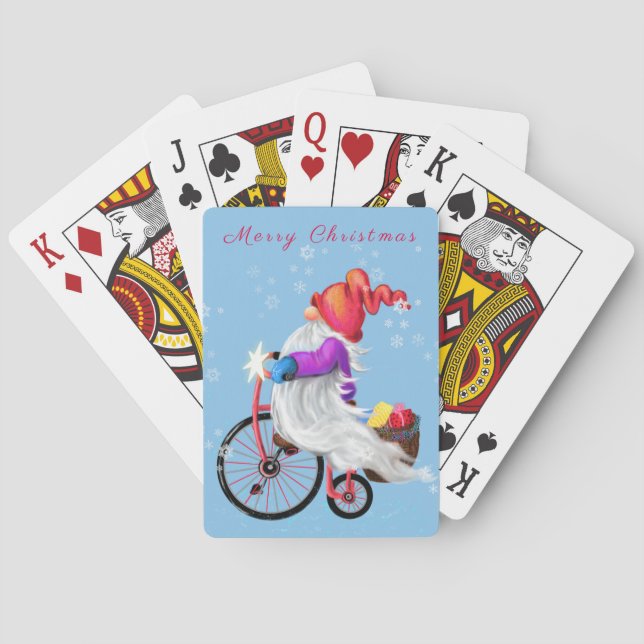 Merry Christmas - Funny Gnome with Bike and Gifts  Playing Cards (Back)